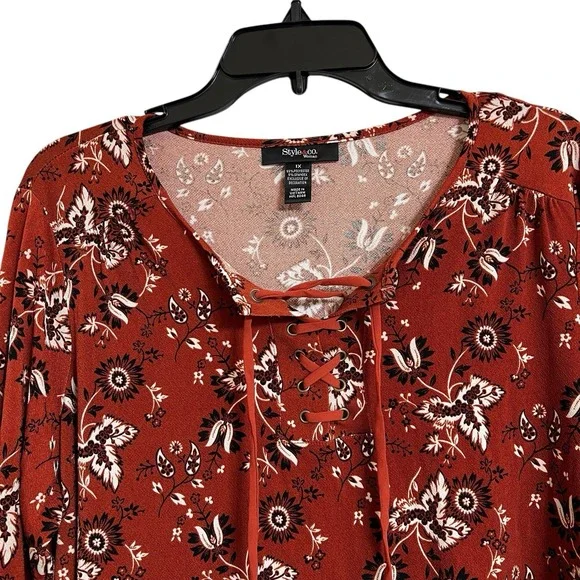 Style & Co Women's Lace Up Tie Front Long Sleeve Floral Blouse Plus 1X NWT - Picture 4 of 14